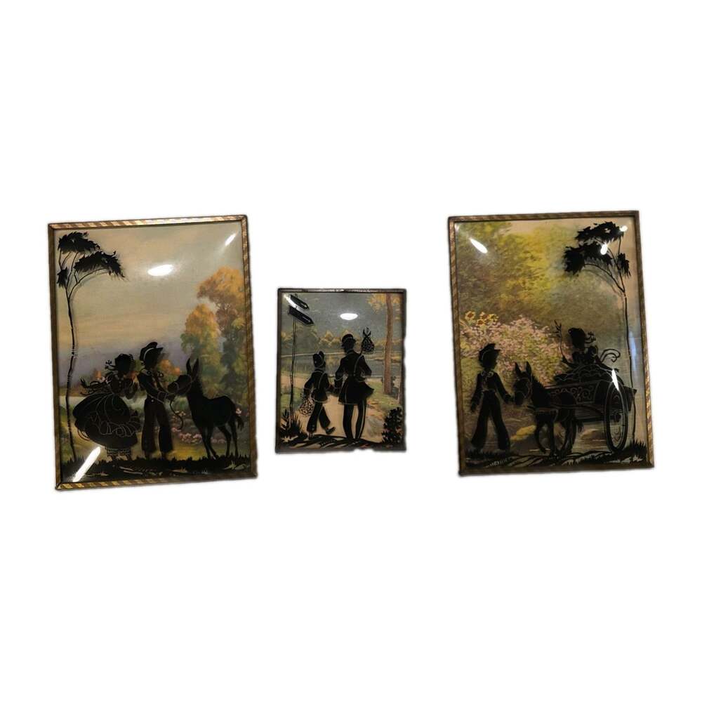 3 Vintage Silhouettes Reverse Painted Bubble Convex Glass Picture 4x5 6x8